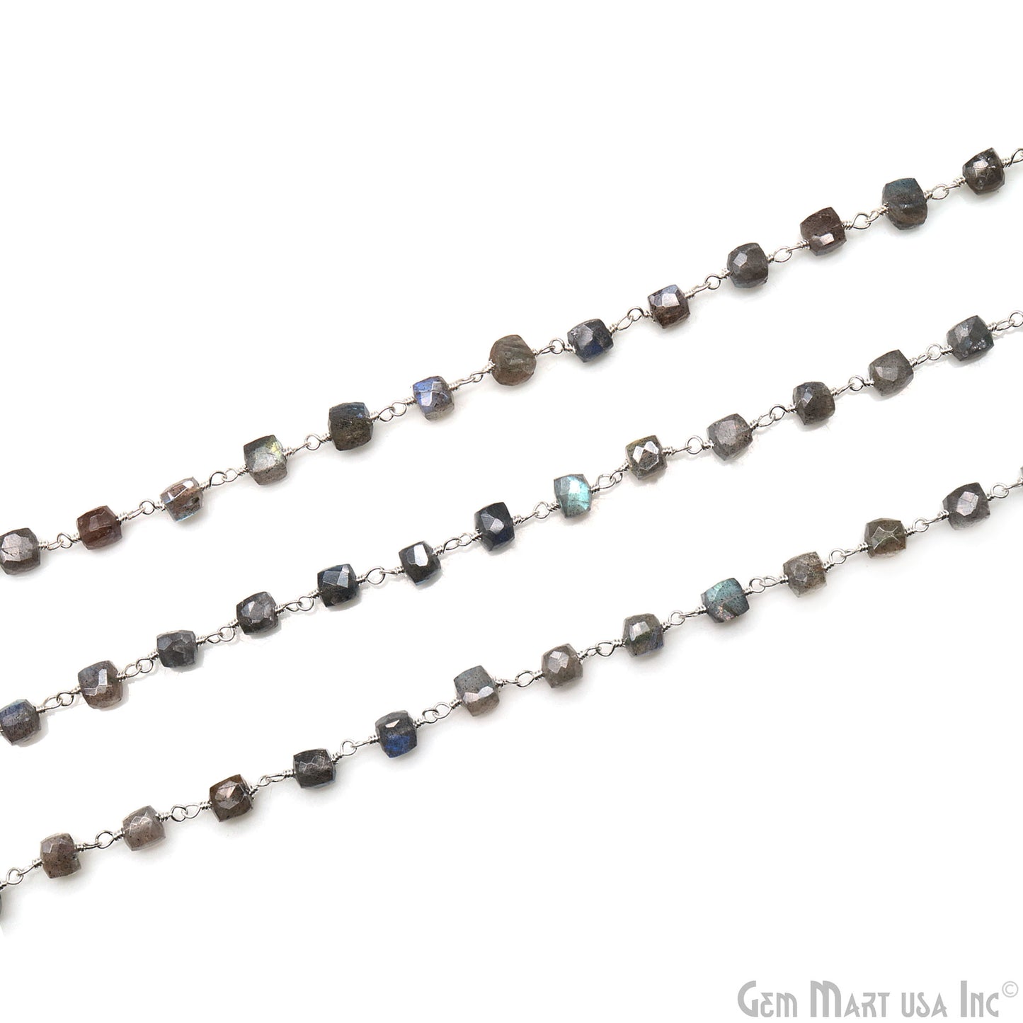 Labradorite Cube Faceted 4-5mm Silver Wire Wrapped Rosary Chain