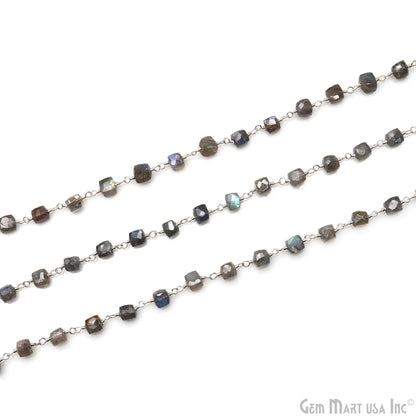 Labradorite Cube Faceted 4-5mm Silver Wire Wrapped Rosary Chain