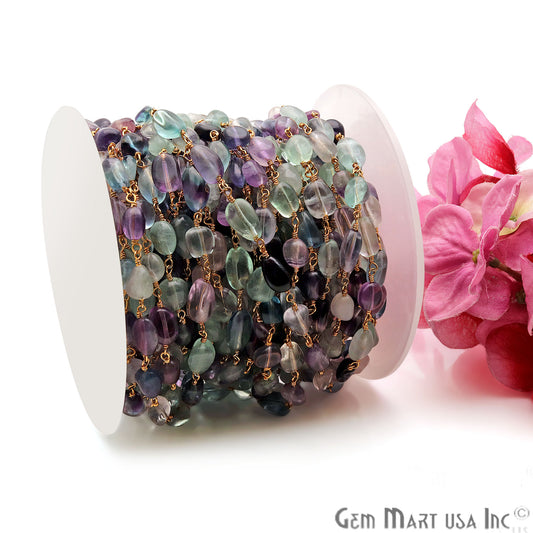 Dark Fluorite Tumble Beads 10x6mm Gold Plated Wire Wrapped Rosary Chain - GemmartUSA