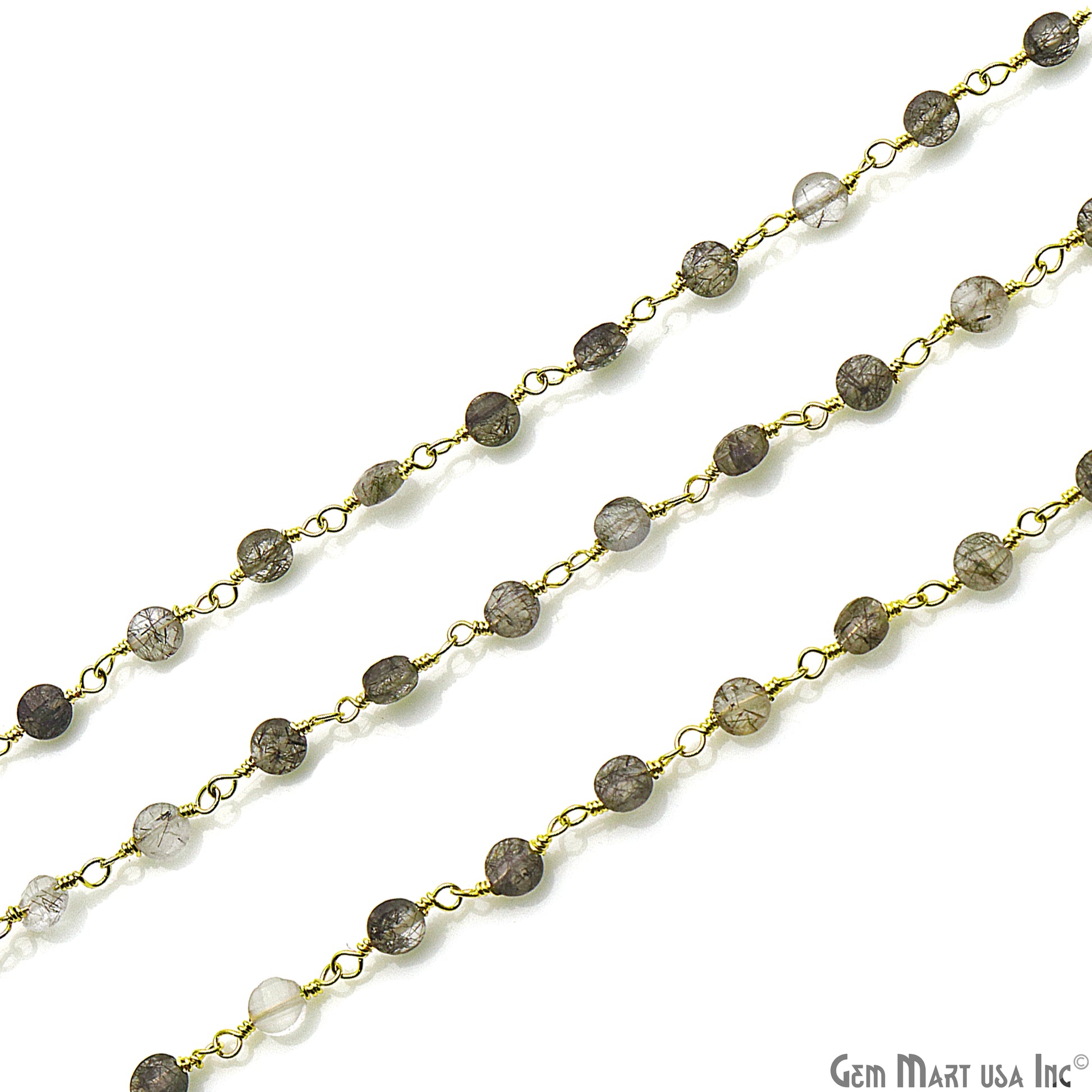 Rutilated Faceted 3-4mm Gold Wire Wrapped Rosary Chain - GemMartUSA