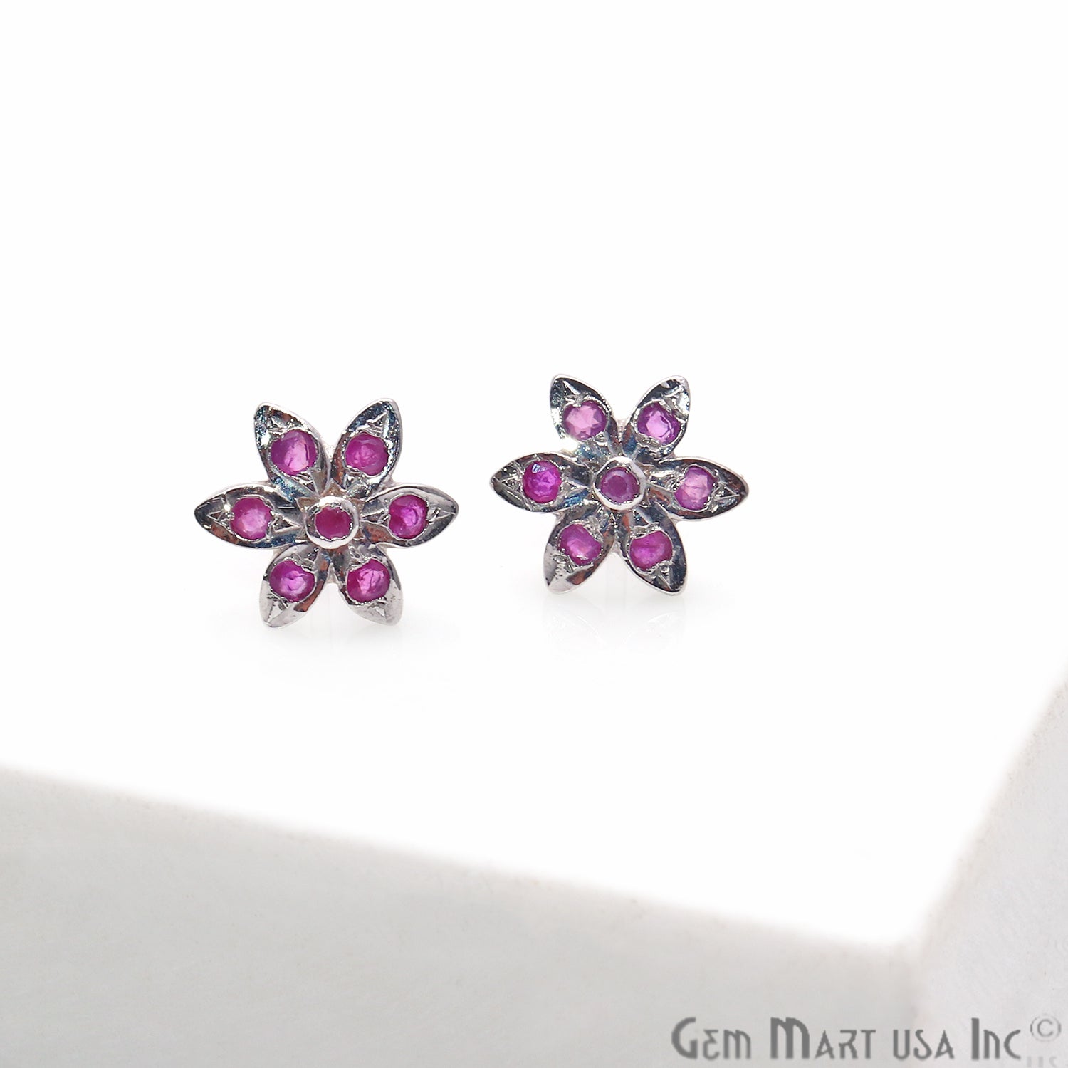 Ruby 9mm Sterling Silver Flower Shape Stud Earring - GemMartUSA