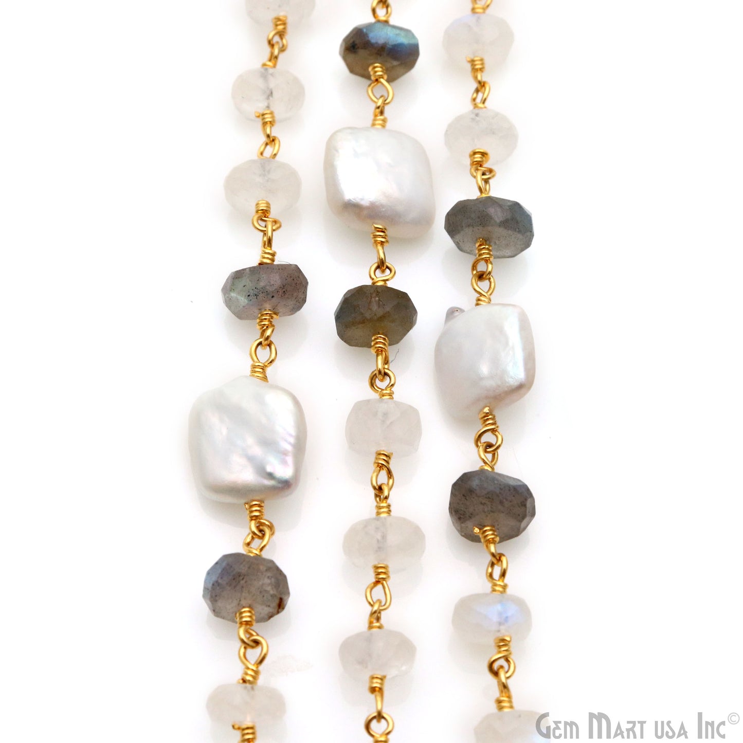 Labradorite, Rainbow Moonstone & Pearl Beads Gold Plated Rosary Chain