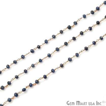 Sodalite Jade Faceted Beads 4mm Gold Plated Wire Wrapped Rosary Chain - GemMartUSA