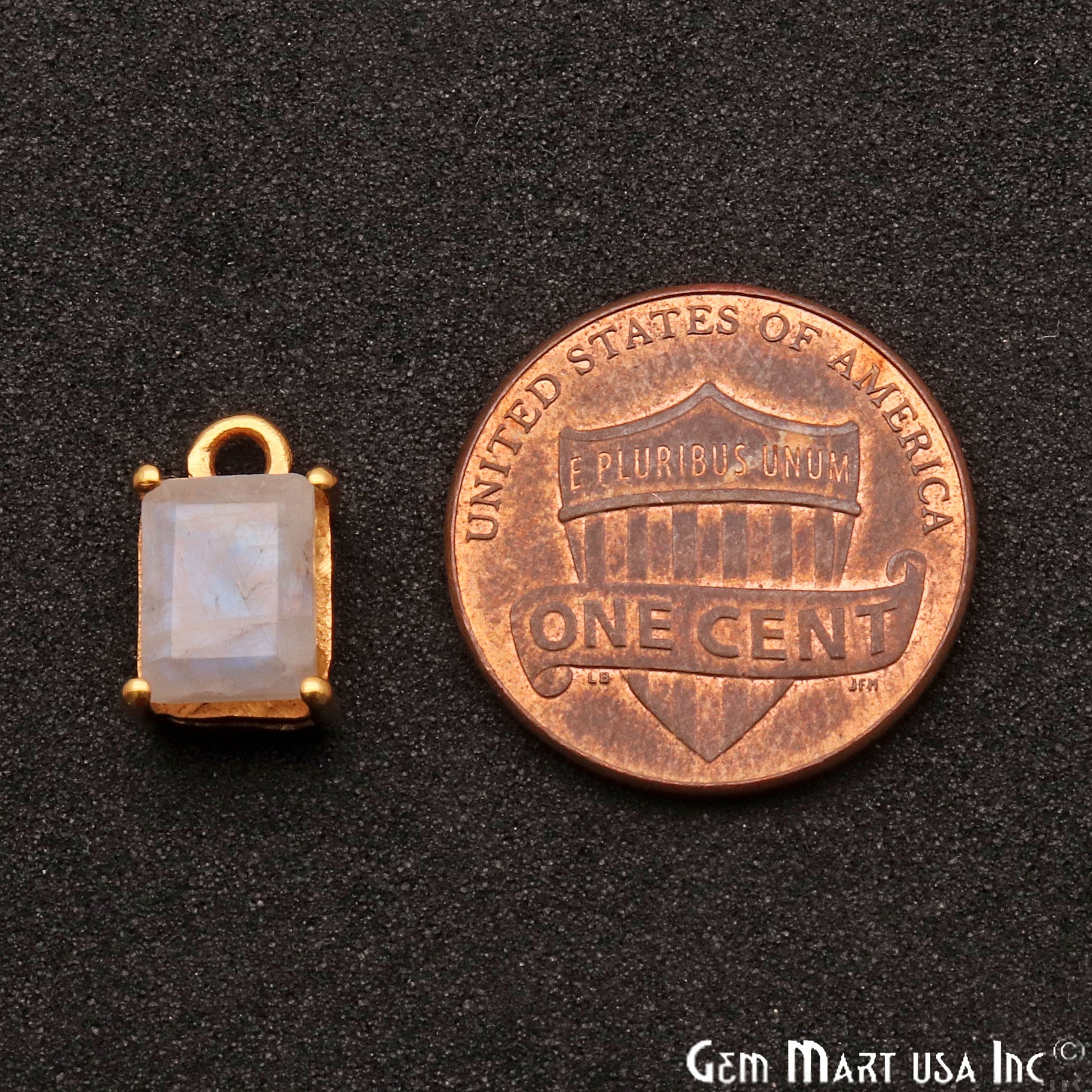 Rainbow Moonstone 6x8mm Rectangle Gold Prong Setting Single Bail Connector - GemMartUSA