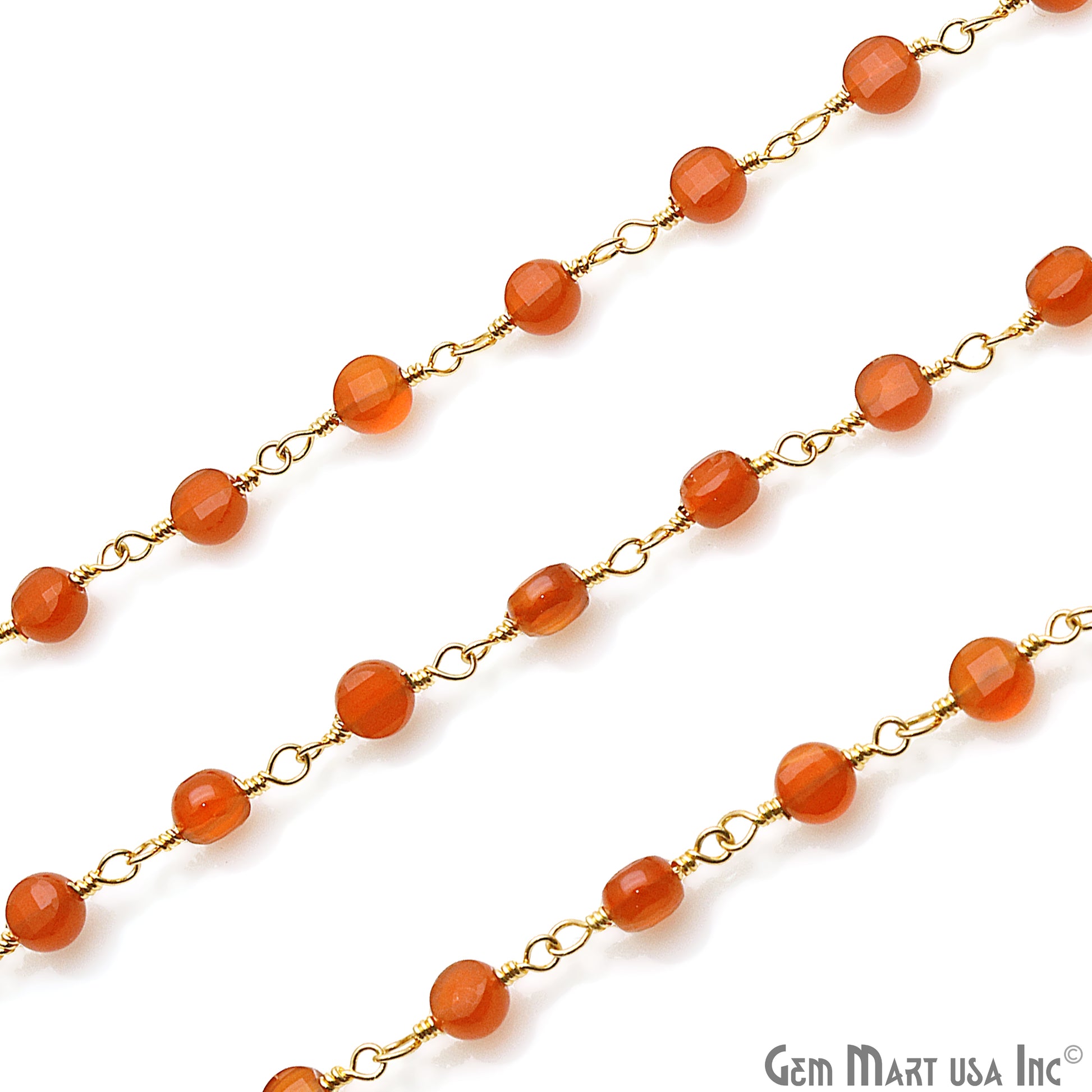 Carnelian Faceted 3-4mm Gold Wire Wrapped Rosary Chain - GemMartUSA