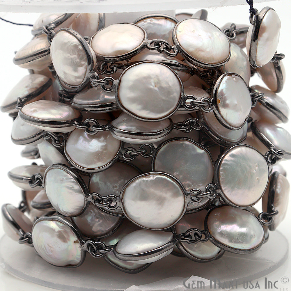 Pearl Round 12mm Oxidized Bezel Link Continuous Connector Chain - GemMartUSA