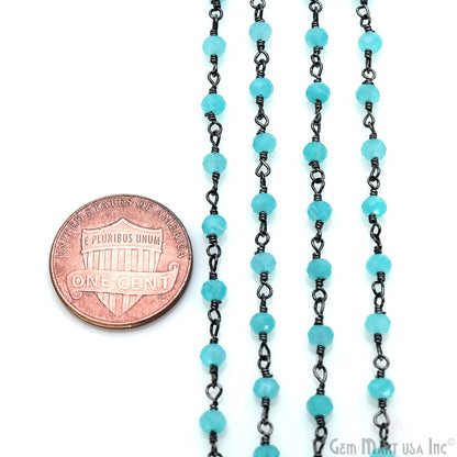 Dark Aqua Chalcedony Faceted Round 3-3.5mm Tiny Beads Oxidized Wire Wrapped Rosary Chain