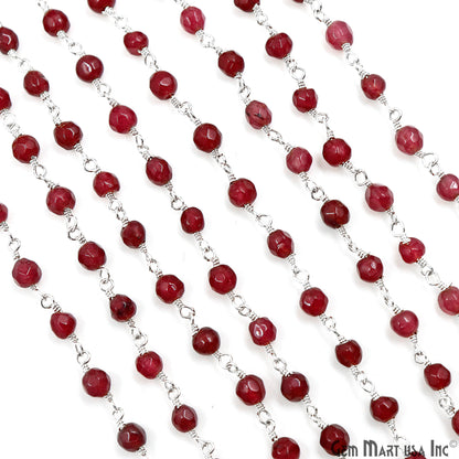 Dark Cherry Jade Beads 4mm Silver Plated Wire Wrapped Rosary Chain