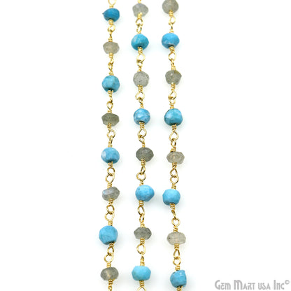 Turquoise & Labradorite 3-3.5mm Gold Plated Faceted Beads Wire Wrapped Rosary Chain