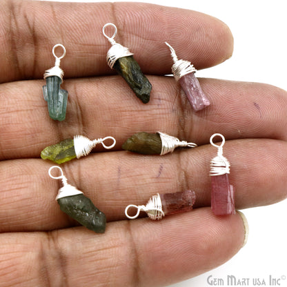 Multi Tourmaline Rough Gemstone 18x6mm Silver Wire Wrapped Single Bail Connector