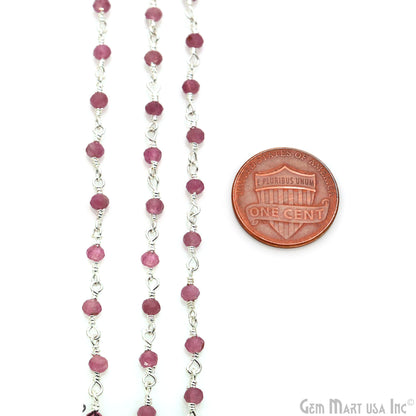 Pink Tourmaline Gemstone Silver Wire Wrapped Bead Rosary Chain