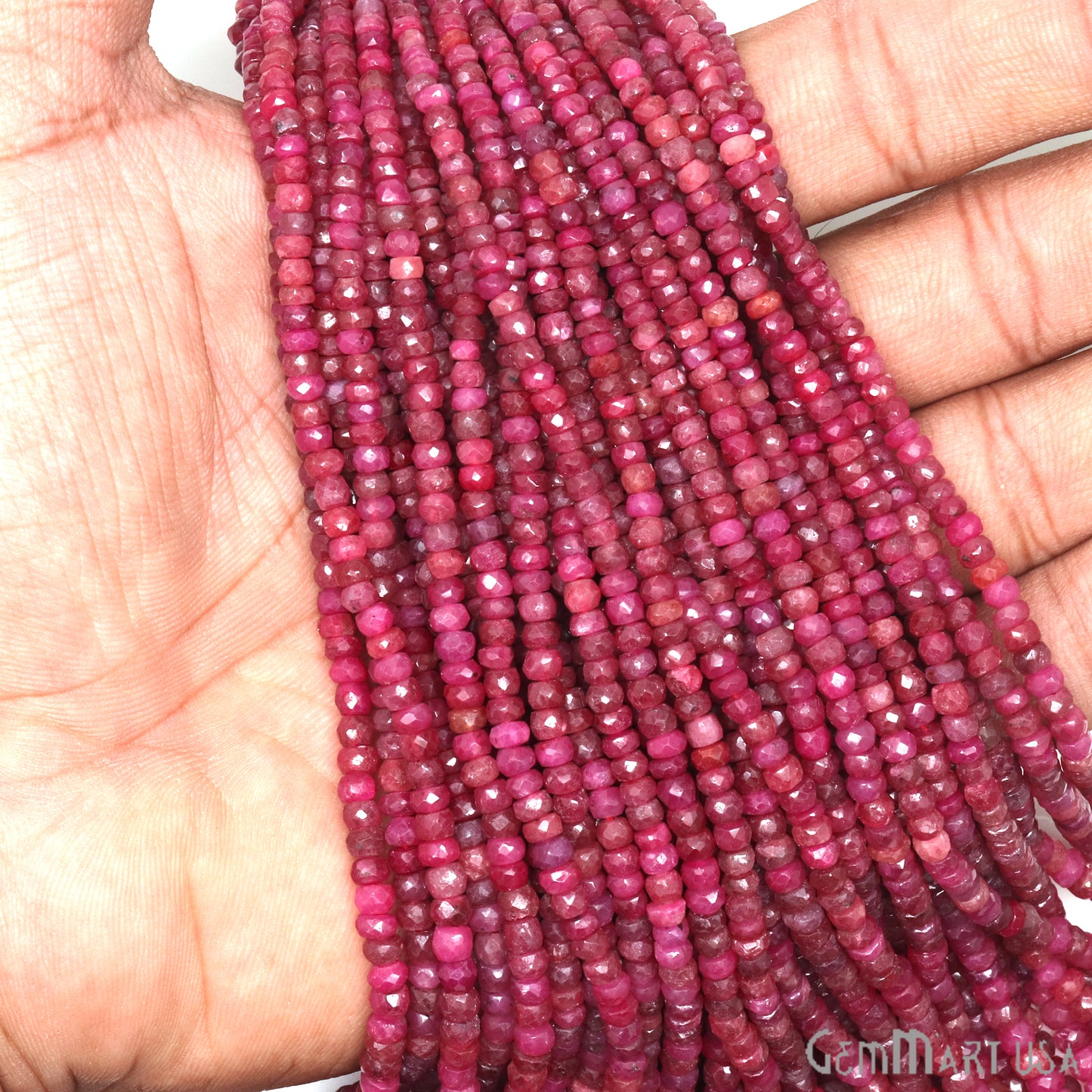 Ruby Rondelle Beads, 13 Inch Gemstone Strands, Drilled Strung Nugget Beads, Faceted Round, 3-4mm