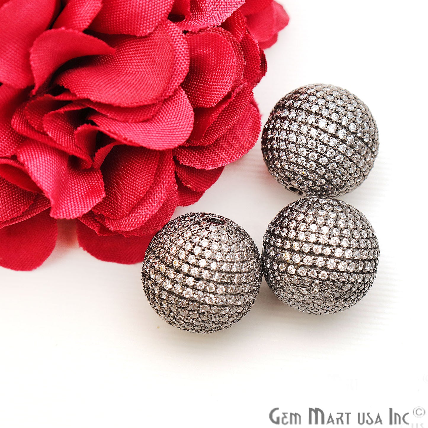 Cubic Zircon Round Beads Ball Silver Charm For Bracelet & Pendants - GemmartUSA