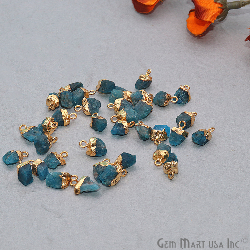 Rough Neon Apatite Gemstone 12x7mm Organic Gold Edged Connector - GemMartUSA