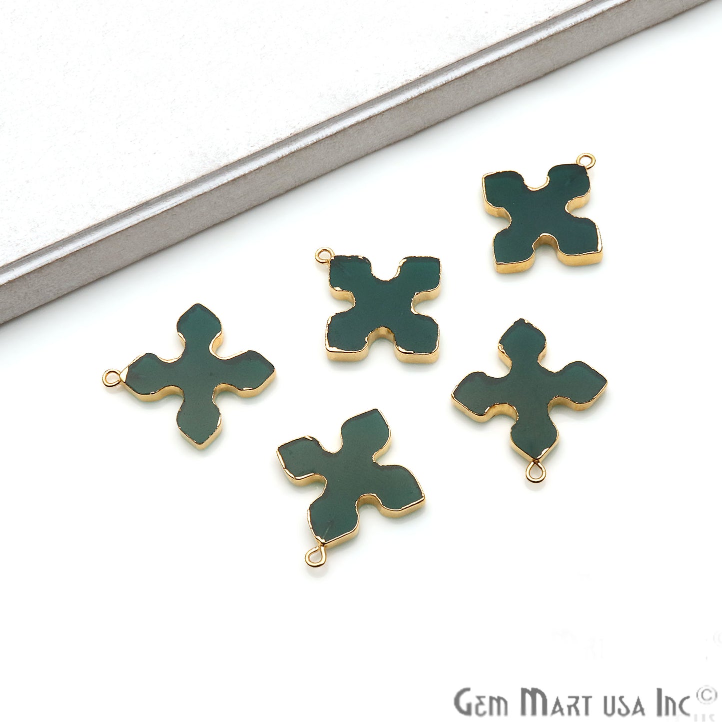 Green Onyx Medieval Cross 29x26mm Gold Electroplated Gemstone Connector - GemMartUSA