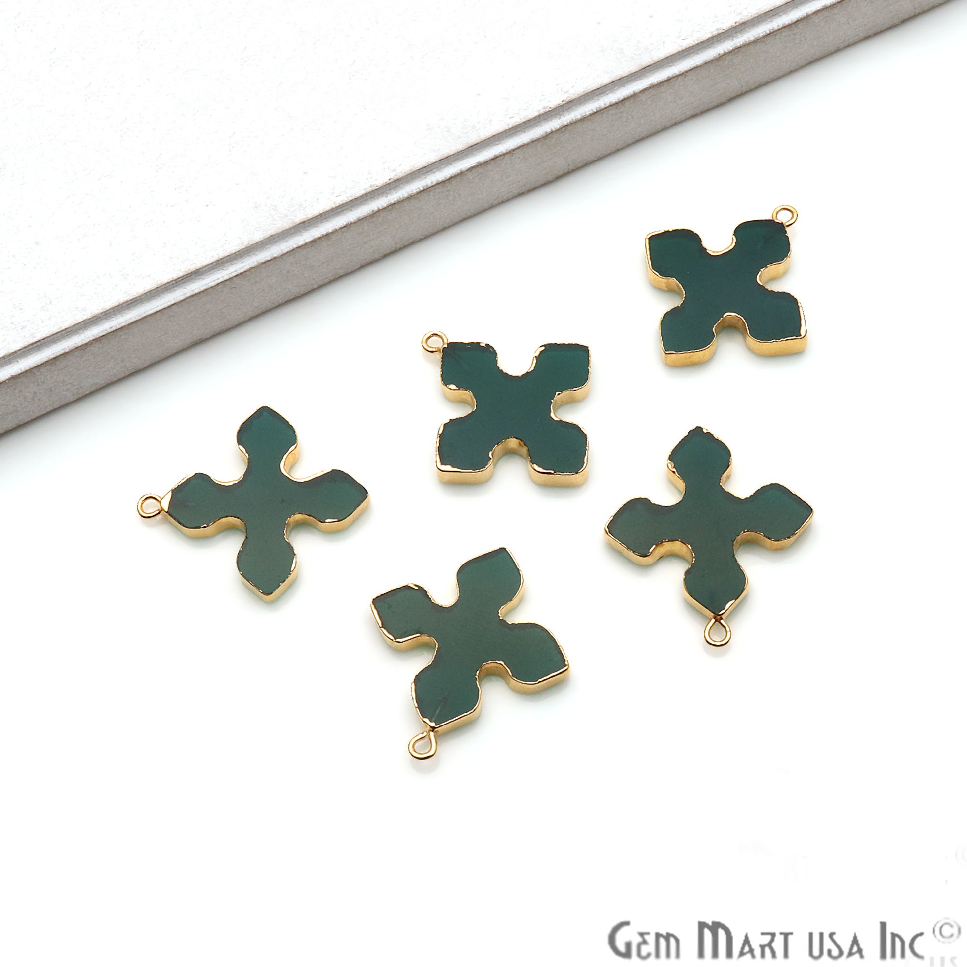 Green Onyx Medieval Cross 29x26mm Gold Electroplated Gemstone Connector - GemMartUSA