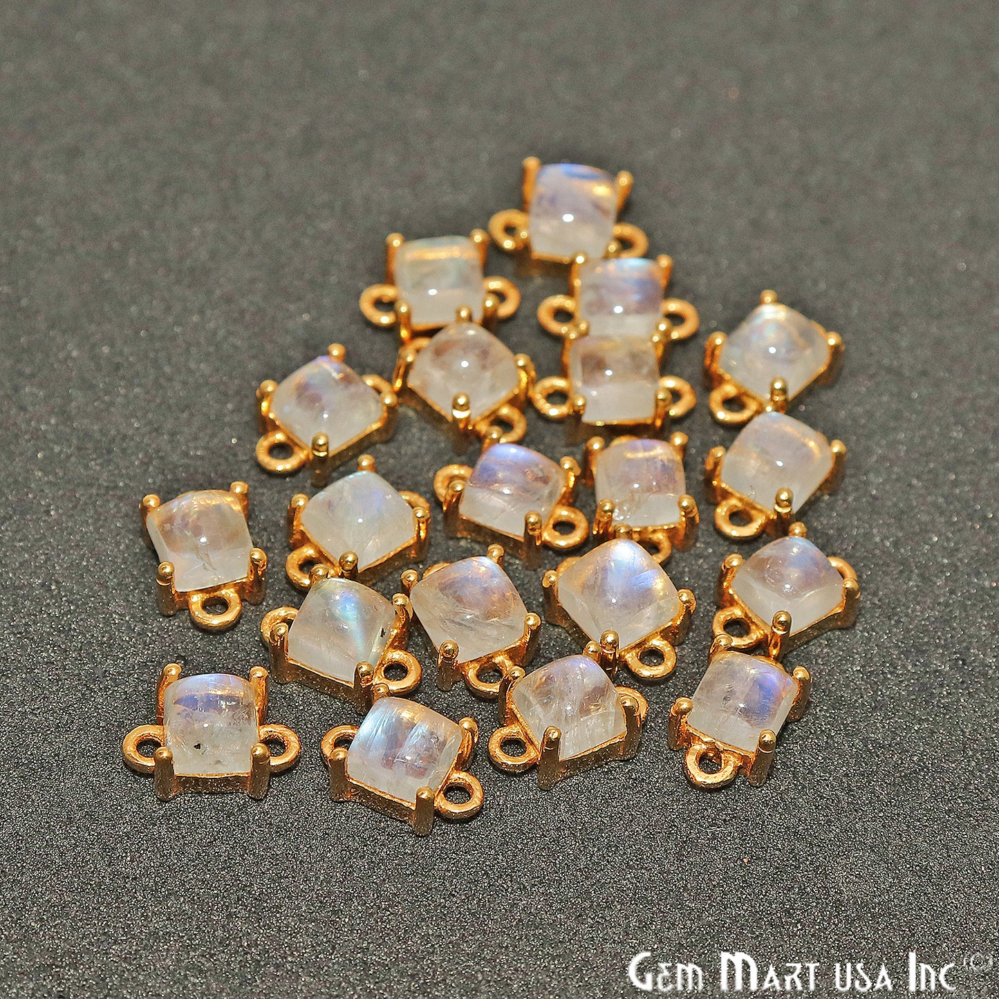 Rainbow Moonstone Cabochon Square Prong Gold Plated Bail Connector - GemMartUSA