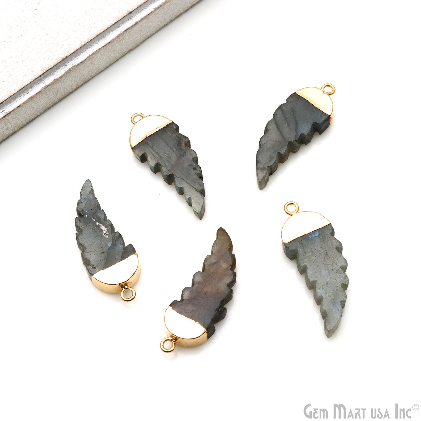 Labradorite 34x13mm Gold Electroplated Angel Wings Gemstone Connector Pendant