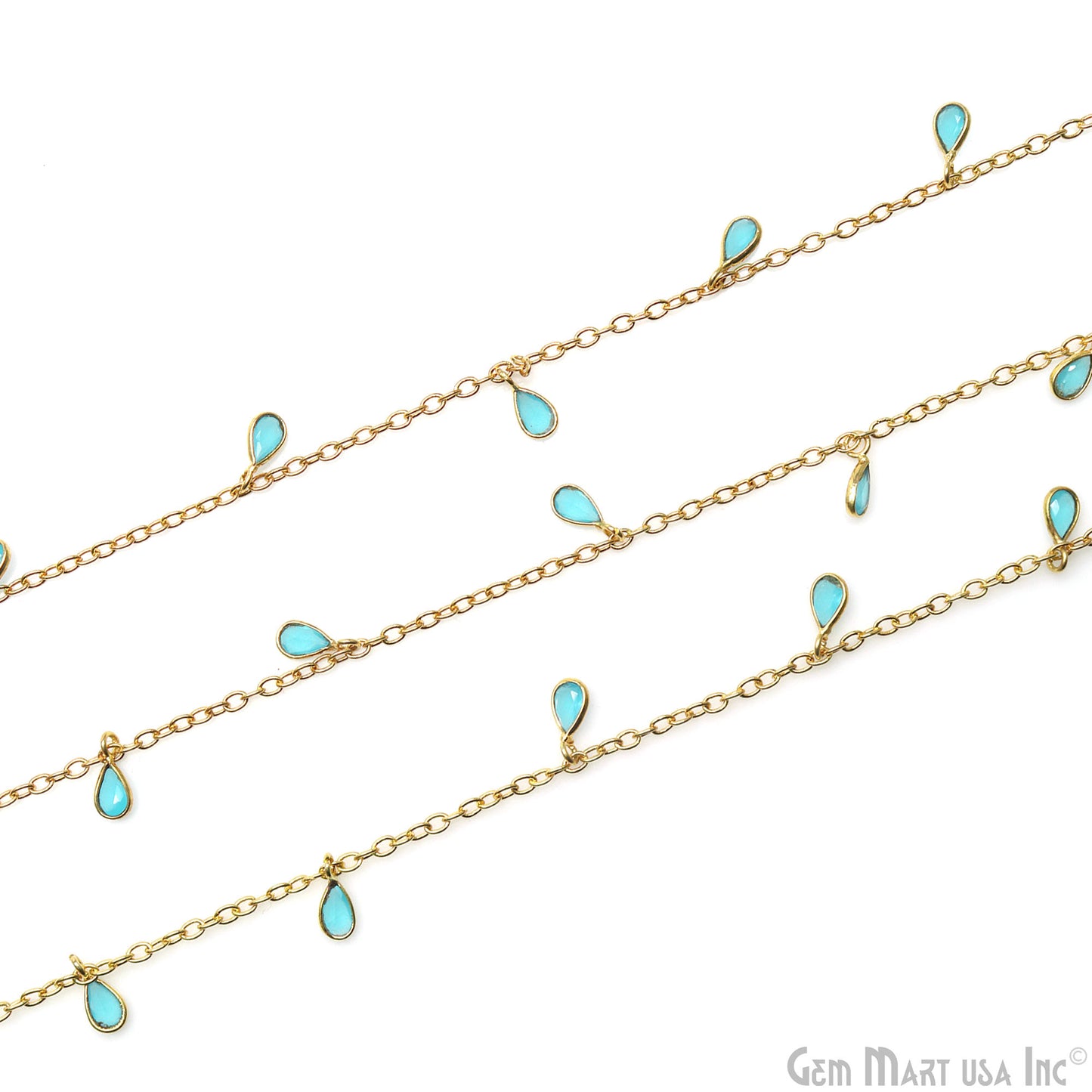 Sky Blue Chalcedony Pear Bezel 5x4mm Gold Plated Dangle Fancy Rosary Chain