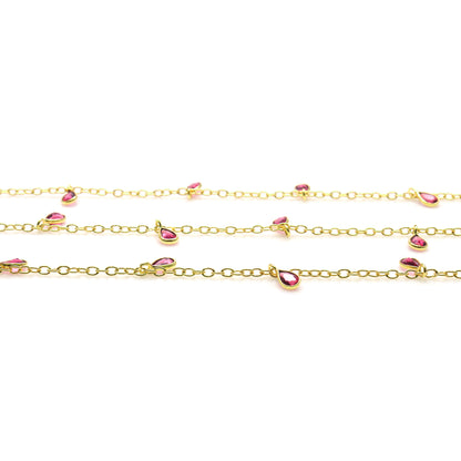 Pink Tourmaline Pear Bezel 5x4mm Gold Plated Dangle Fancy Rosary Chain