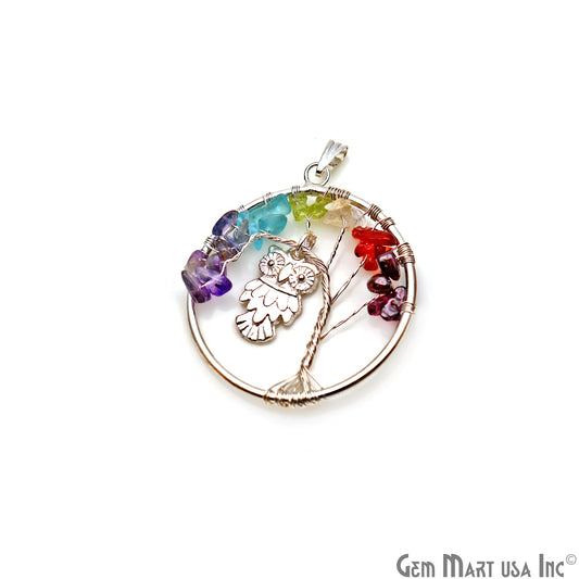 Multi Color Stone Silver Wire Wrapped Pendant With Owl 45x40mm - GemMartUSA