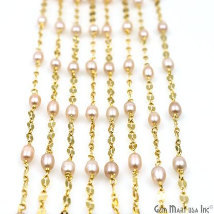 Pink Pearl Oval Beads Gold Plated Finding Rosary Chain