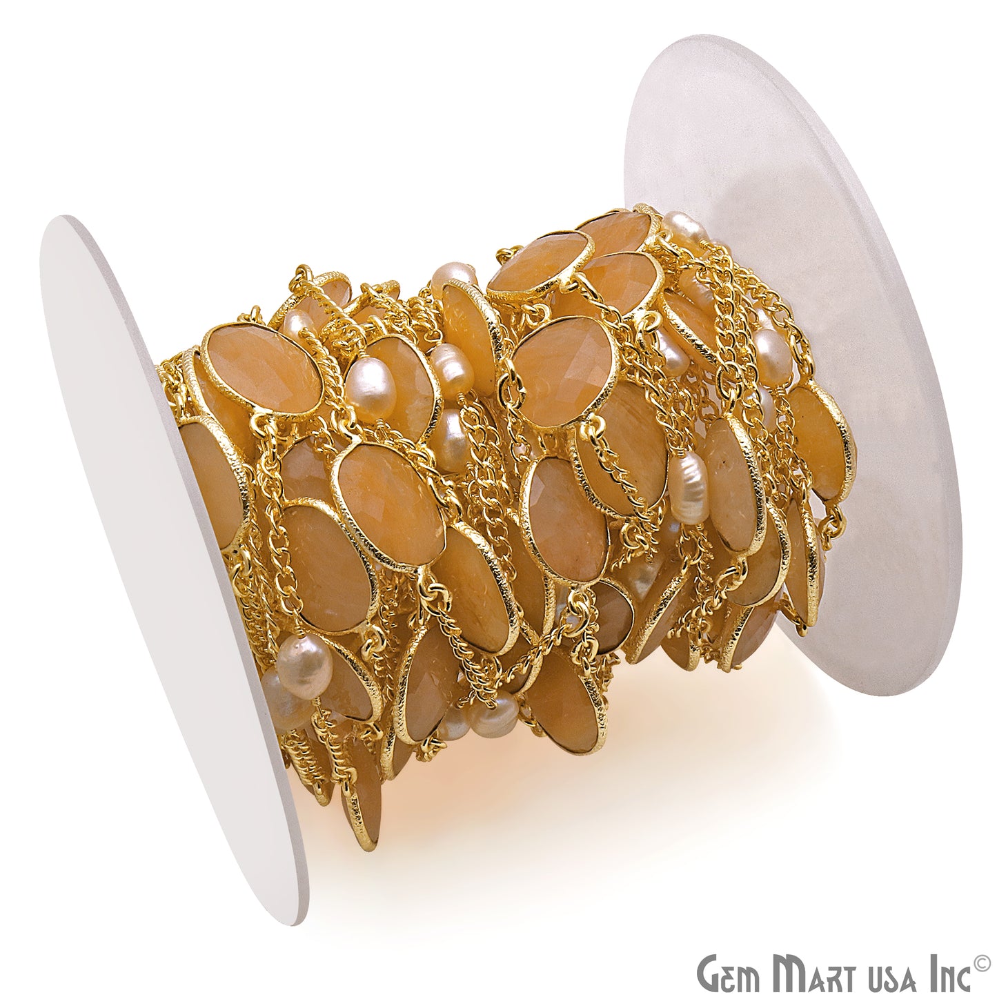 Sand Chalcedony & Pearls 10-15mm Faceted Chalcedony Gold Plated Connector Chain - GemMartUSA
