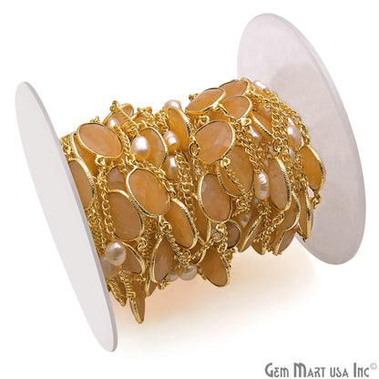Sand Chalcedony & Pearls 10-15mm Faceted Chalcedony Gold Plated Connector Chain - GemMartUSA