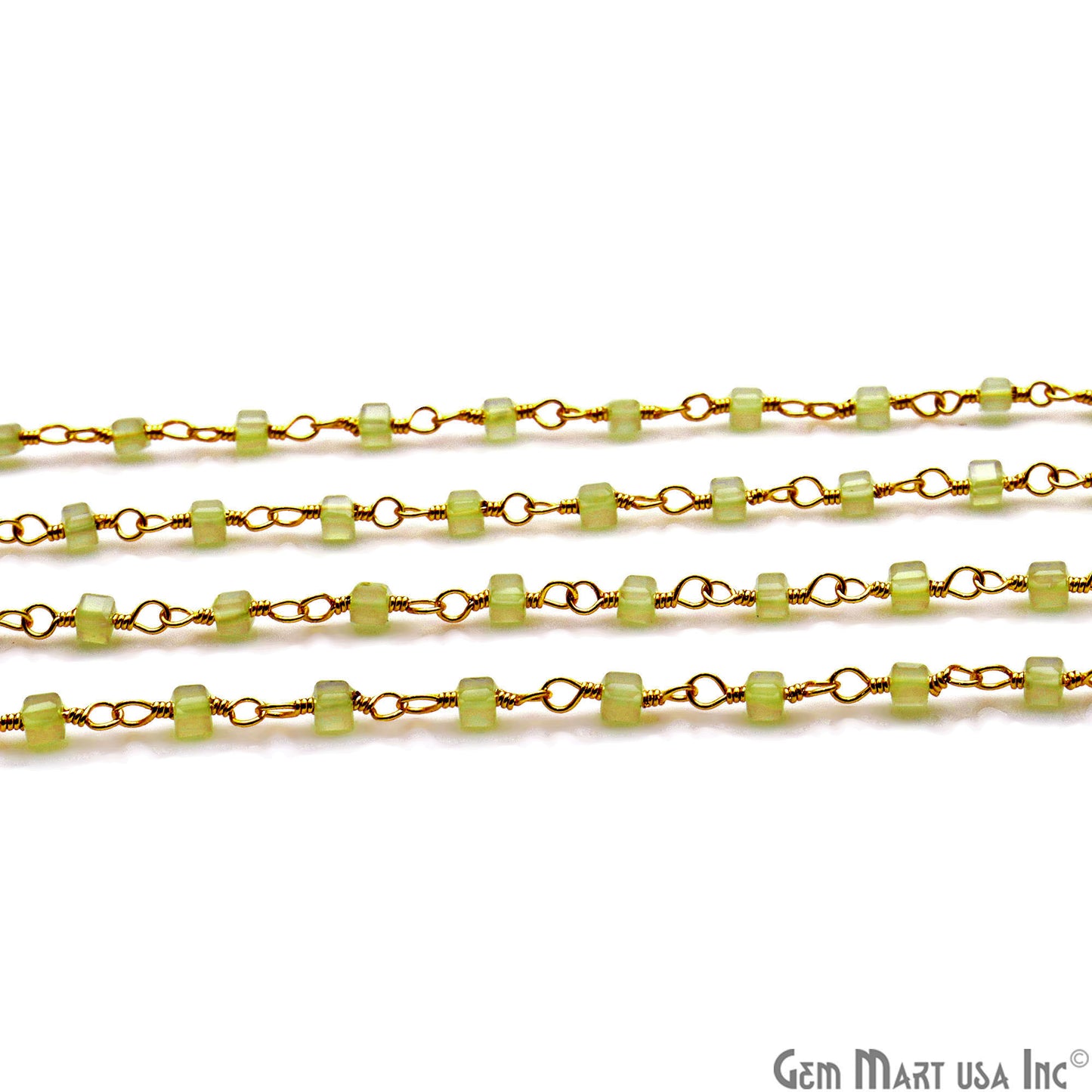 Prehnite Cube Faceted 2mm Gold Wire Wrapped Rosary Chain - GemMartUSA