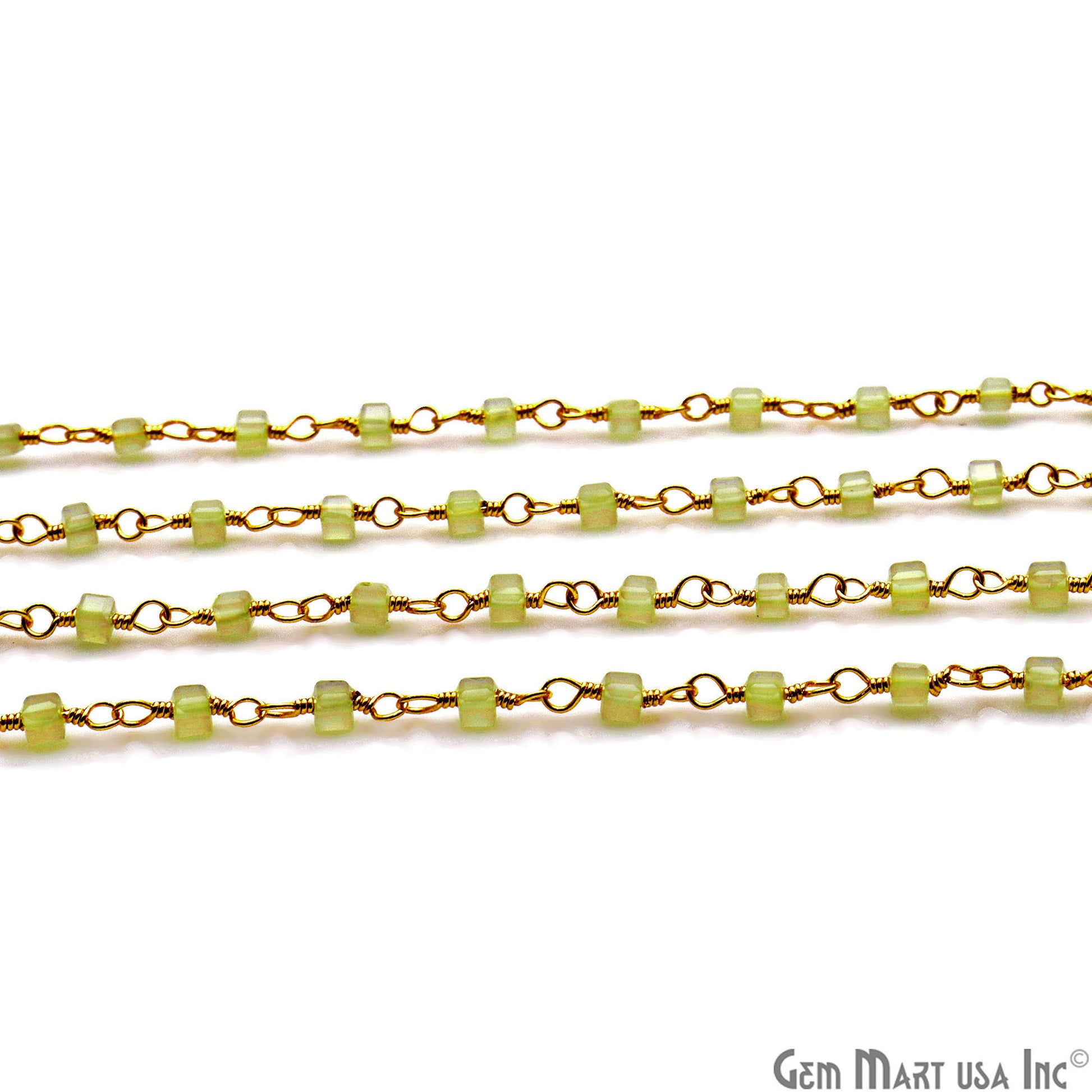 Prehnite Cube Faceted 2mm Gold Wire Wrapped Rosary Chain - GemMartUSA