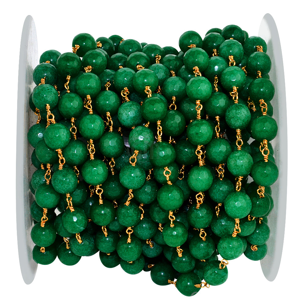 Green Jade Faceted Beads 8mm Gold Plated Wire Wrapped Rosary Chain