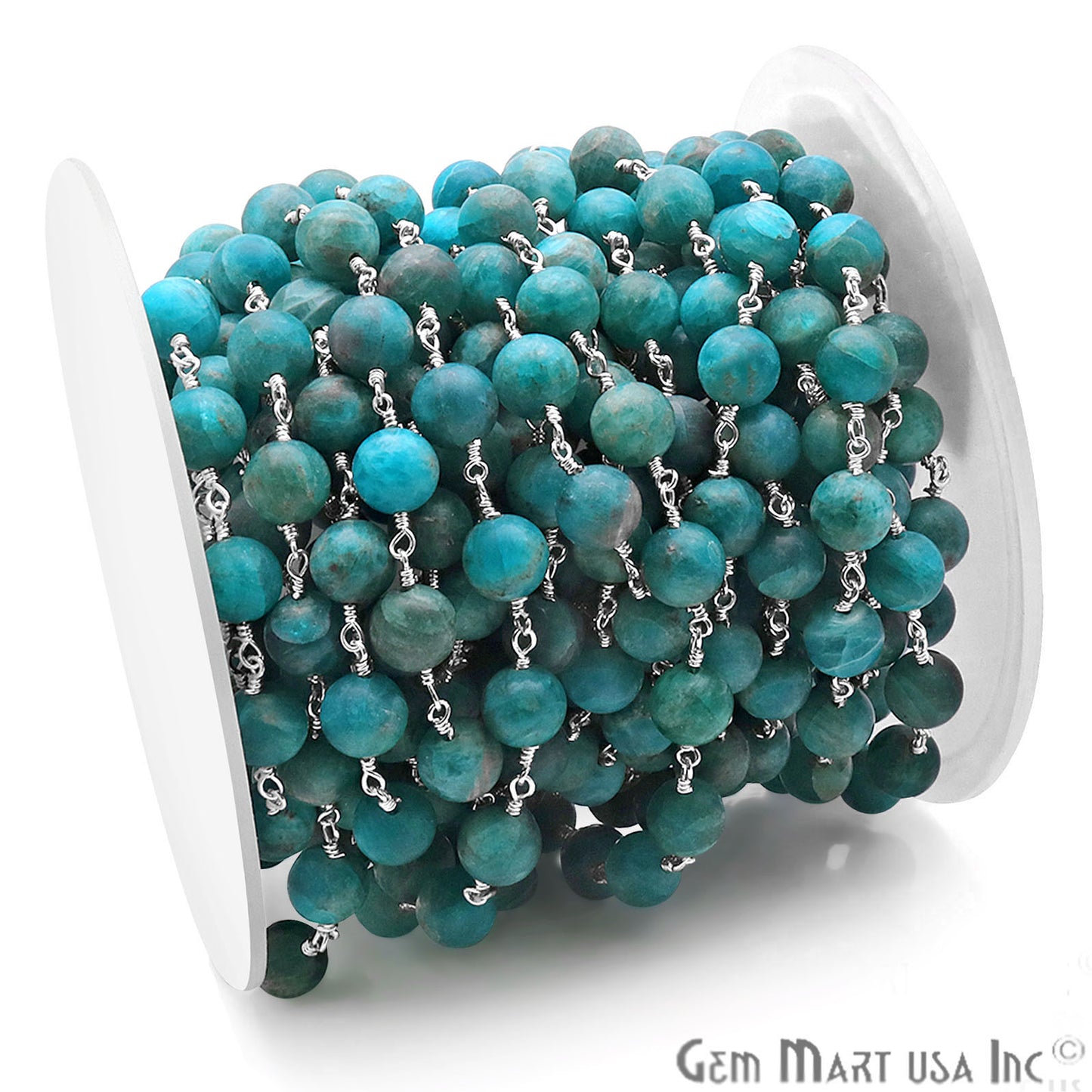 Neon Apatite Smooth Beads 8mm Silver Plated Wire Wrapped Gemstone Rosary Chain - GemMartUSA