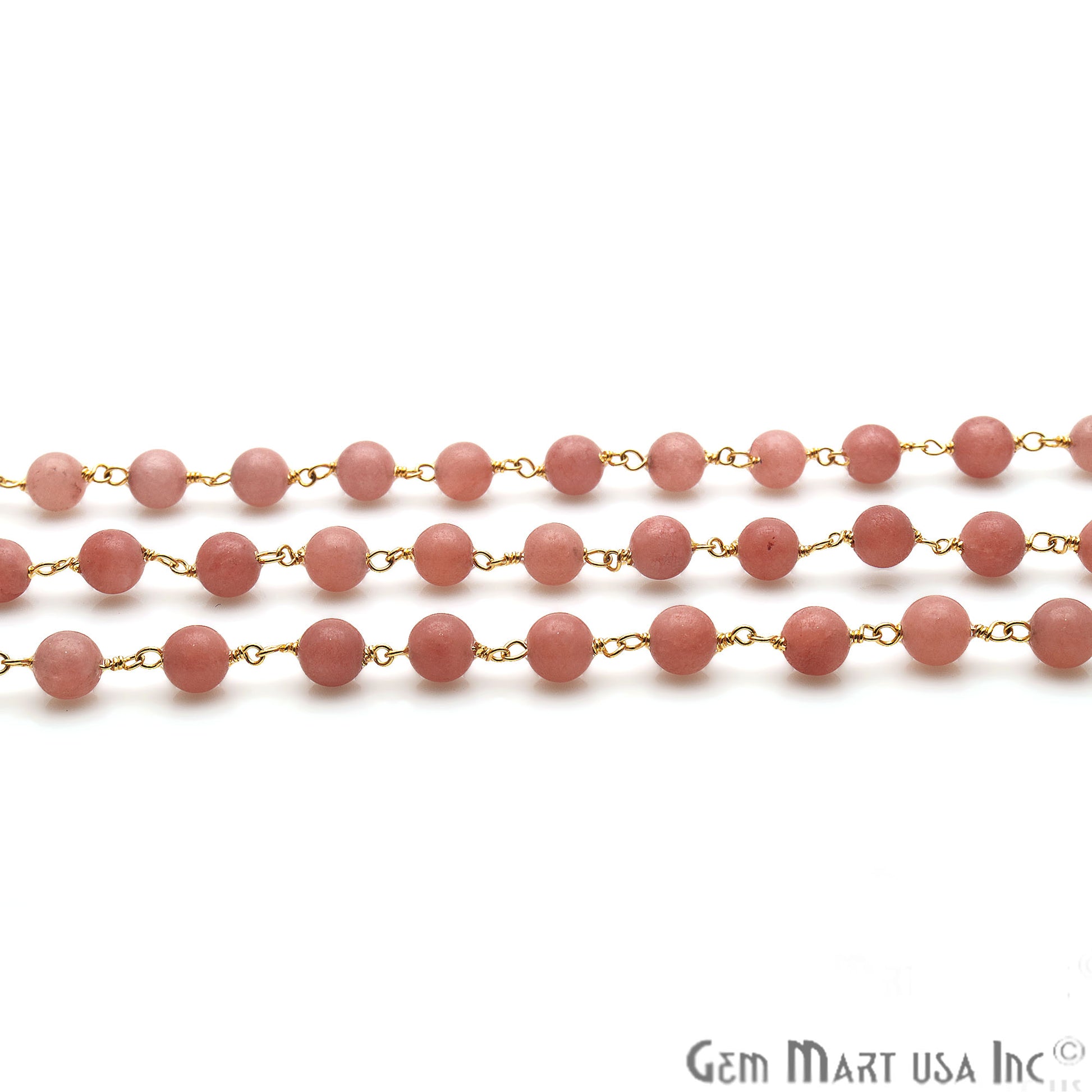 Pink Peach Jade Smooth Beads 6mm Gold Plated Wire Wrapped Rosary Chain - GemMartUSA