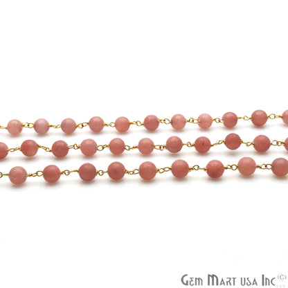 Pink Peach Jade Smooth Beads 6mm Gold Plated Wire Wrapped Rosary Chain - GemMartUSA