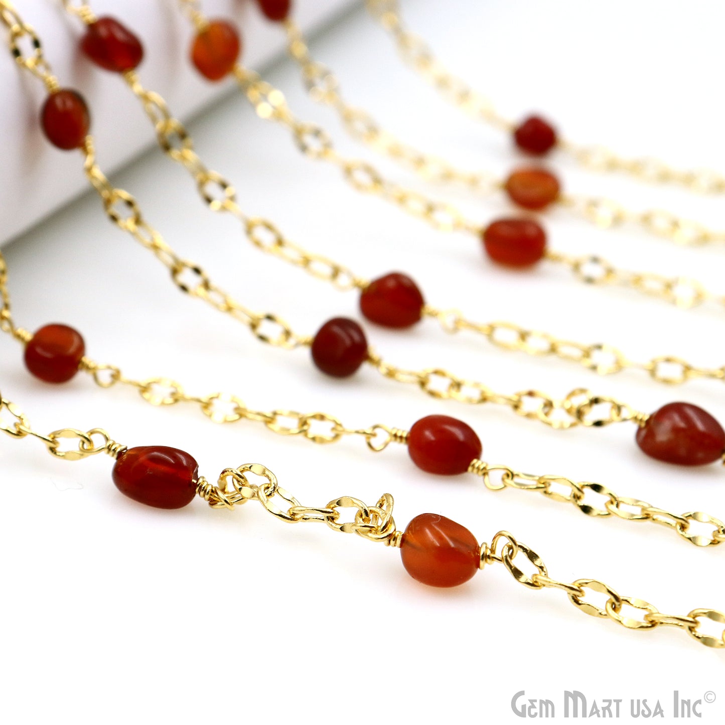 Carnelian Tumbled Beads 8x5mm Gold Plated Wire Wrapped Rosary Chain