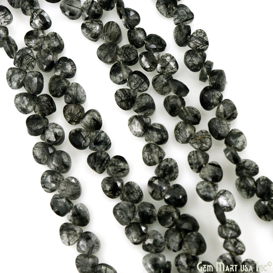 Black Rutilated Heart Beads, 8 Inch Gemstone Strands, Drilled Strung Briolette Beads, Heart Shape, 5mm