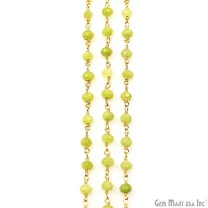 Light Green Jade Faceted Beads 4mm Gold Plated Wire Wrapped Rosary Chain