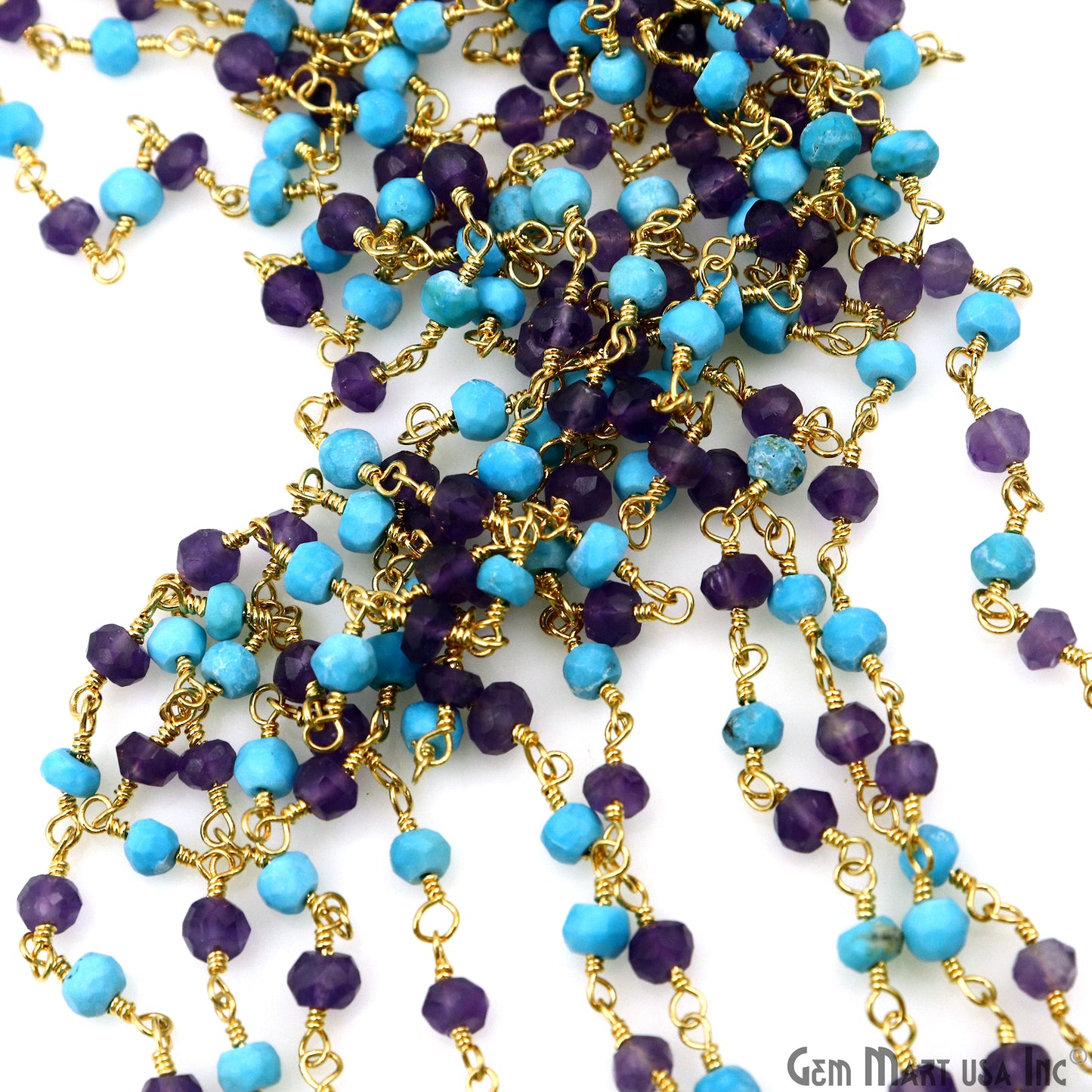 Amethyst & Turquoise 3-3.5mm Gold Plated Beaded Wire Wrapped Rosary Chain