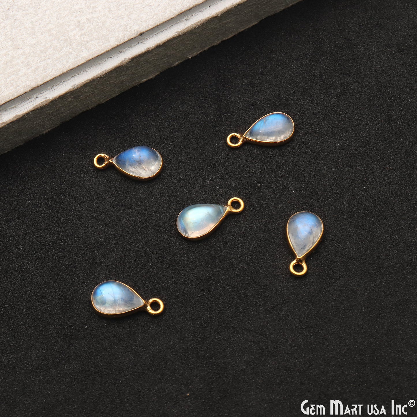 Rainbow Moonstone Cabochon 6x9mm Pears Single Bail Gold Bezel Connector