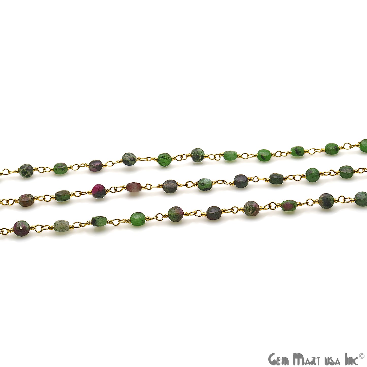 Ruby Zoisite Faceted 3-4mm Gold Wire Wrapped Rosary Chain - GemMartUSA