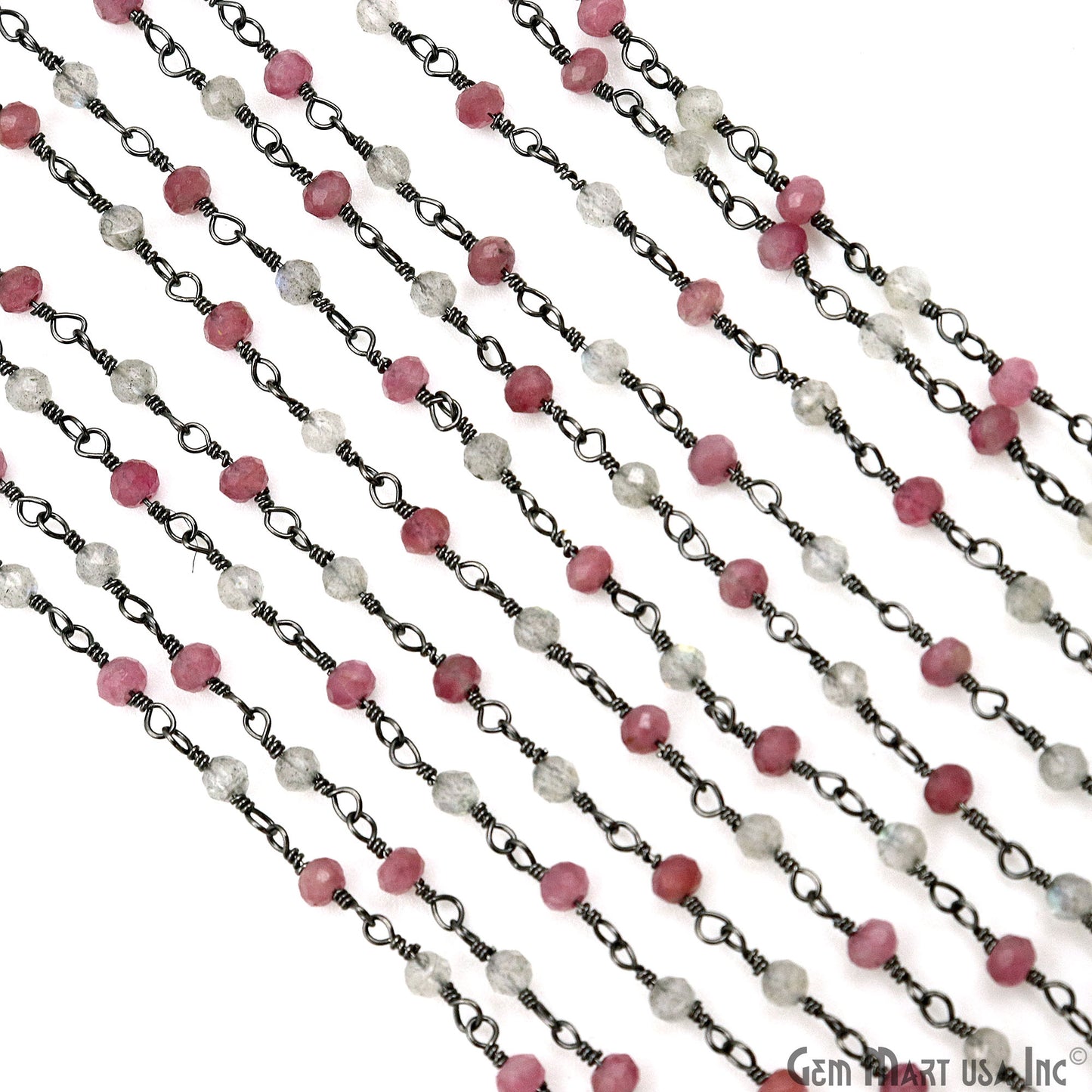 Pink Tourmaline & Labradorite Faceted Beads 2.5-3mm Oxidized Gemstone Rosary Chain