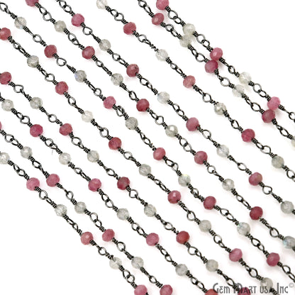 Pink Tourmaline & Labradorite Faceted Beads 2.5-3mm Oxidized Gemstone Rosary Chain