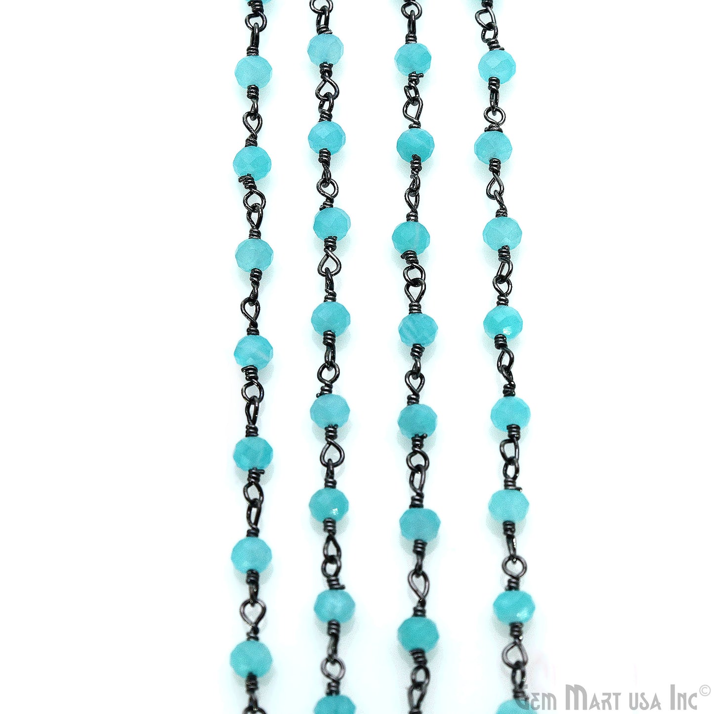 Dark Aqua Chalcedony Faceted Round 3-3.5mm Tiny Beads Oxidized Wire Wrapped Rosary Chain