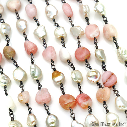 Pink Opal Tumble Beads 8x5mm & Pearl 5-6mm Beads Oxidized Rosary Chain