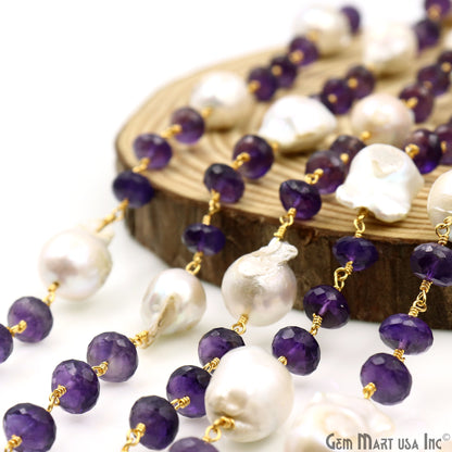 Amethyst 8-9mm & Pearl 17x12mm Beads Gold Plated Rosary Chain