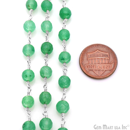 Baby Green Jade Cabochon 6mm Beads Silver Wire Wrapped Rosary Chain