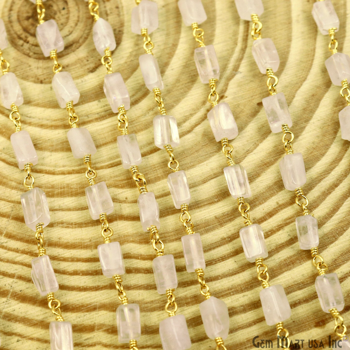 Rose Quartz Tumble Beads 8x5mm Gold Wire Wrapped Rosary Chain