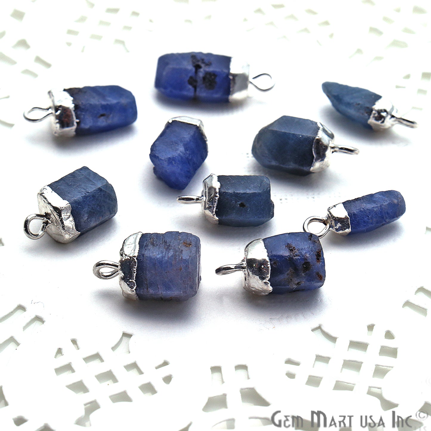 Rough Sapphire Gemstone 16x9mm Silver Edged Bracelets Charm Connectors - GemMartUSA