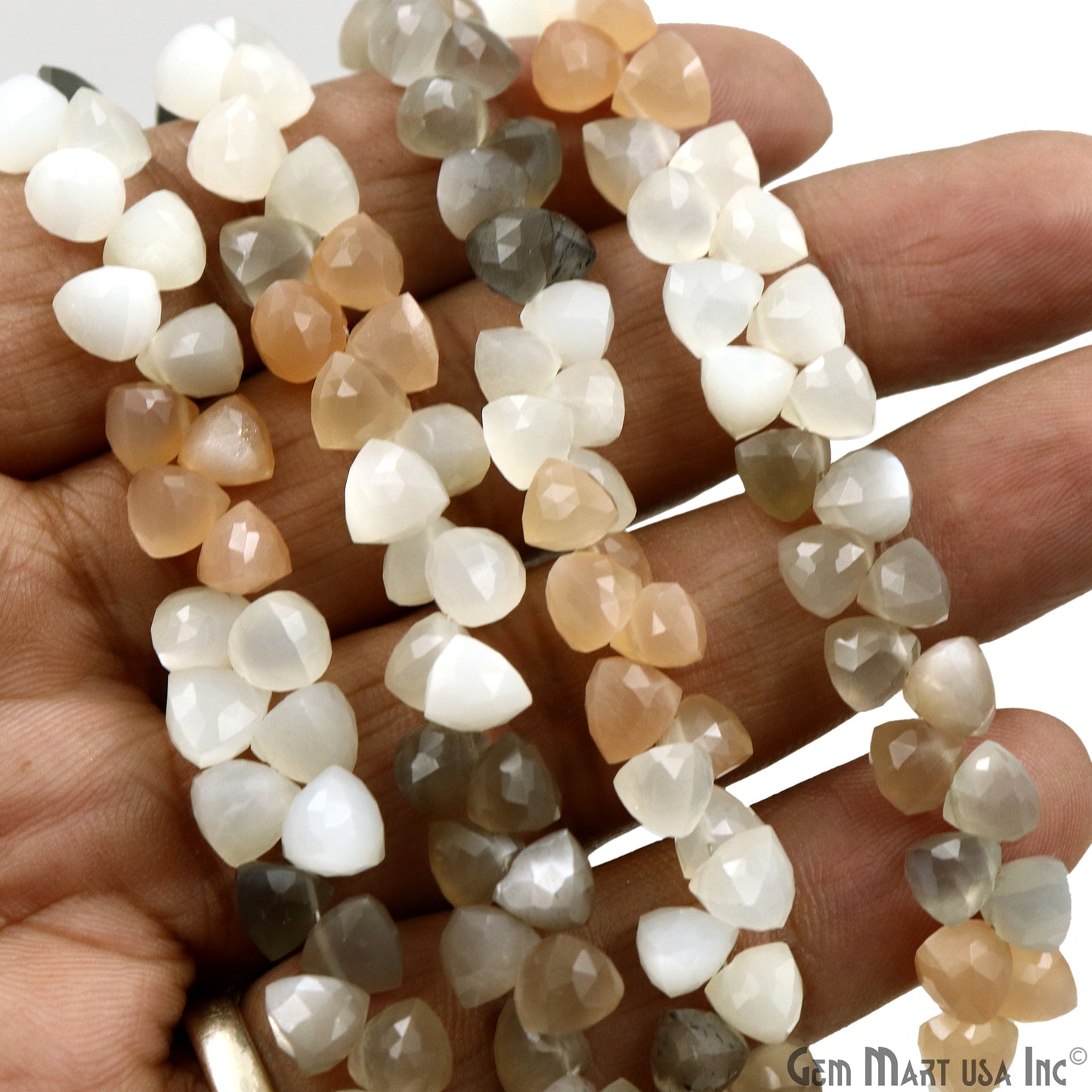 Multi Moonstone Triangle Beads, 8 Inch Gemstone Strands, Drilled Strung Briolette Beads, Triangle Shape, 6-7mm