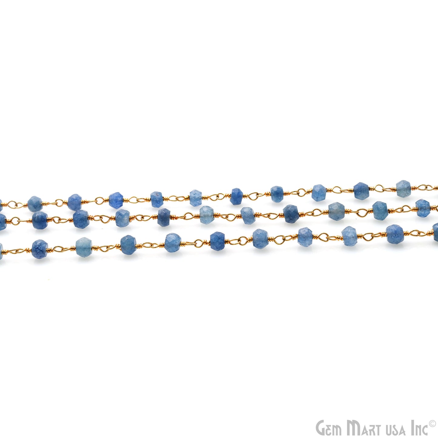 Blue Jade 3-3.5mm Gold Plated Beaded Wire Wrapped Rosary Chain